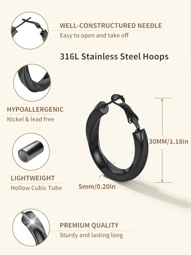 FindChic Twisted Hoop Earrings for Women, Silver/Black/14K Gold Plated Hypoallergenic Hollow Tube Rounded Loop Earrings, 30mm/40mm/60mm/80mm Hoops with Custom Name Options and Gift Box - color: a.Black, size: 30MM