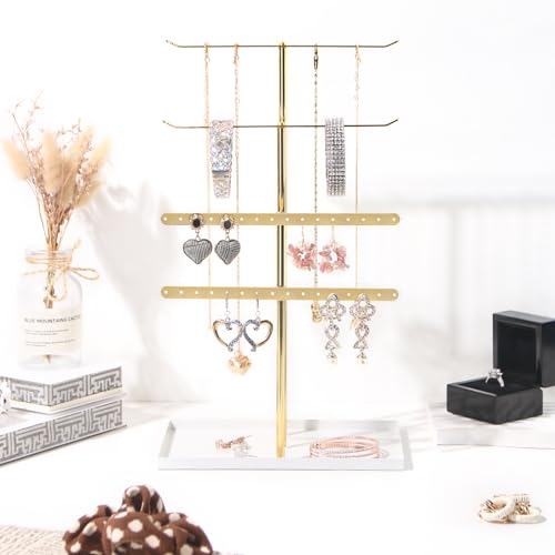 Necklace Bracelet Earring Holder Stand, Multi-Use Jewelry Display Organizer with Tray, T-Bar Metal Jewellery Organizer Stand, Jewelry Hanger Tower Rack for Women (Gold)