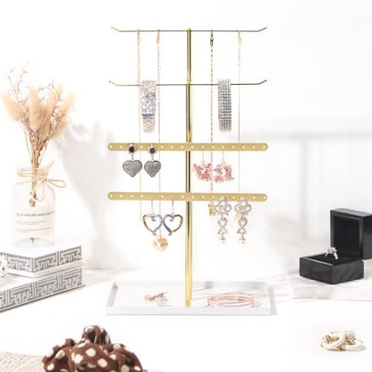 Necklace Bracelet Earring Holder Stand, Multi-Use Jewelry Display Organizer with Tray, T-Bar Metal Jewellery Organizer Stand, Jewelry Hanger Tower Rack for Women (Gold)