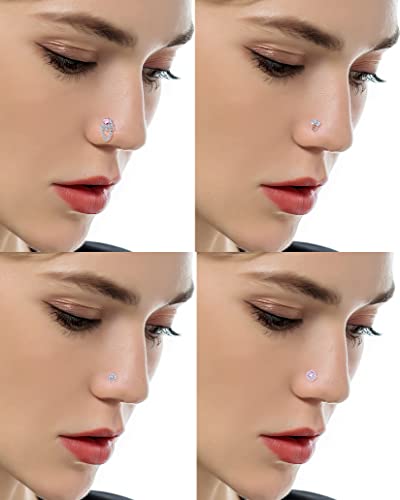 Tornito 16Pcs Nose Stud Rings L Screw Shaped Nose Ring Flower Snake Butterfly Heart Eye CZ Dangle Nose Rings Stud Body Piercing Jewelry for Women Men 20G Silver Pink Tone - color: C:Pink CZ(Screw Shaped)