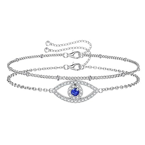 MILACOLATO 925 Sterling Silver Clasp Paperclip Chain Bracelets for Women | 14K White Gold Plated Adjustable Bracelets, Dainty Stackable Layered Satellite Beads Evil Eye Infinity Bracelets Jewelry Gift - color: Evil Eye Chain + Satellite Chain