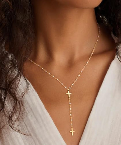 Lariat Necklaces for Women - Dainty Long Necklace Trendy 14K Gold Plated Hypoallergenic Layered Long Y-Shape Sunburst CZ T-Bar Pendant Drop Chain Necklace Set for Women Non Tarinsh Jewelry - style: double cross drop-gd