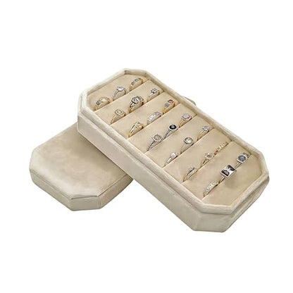 Velvet Ring Organizer Box - Ring Jewelry Box for Rings Earring, Jewelry Tray Rings holder Display Case for Girl Women (8.07"x4.13"x2.16") -PRB024-Beige - color: Beige