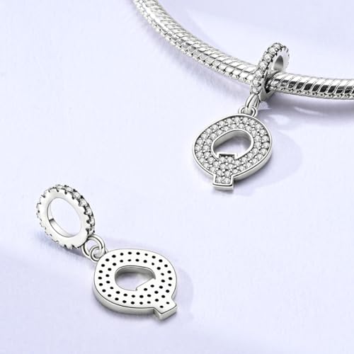 Hapour Letter 925 Sterling Silver Charm with Cubic Zirconia Alphabet A-Z Initial Dangle Charms Beads Pendent DIY Jewelry for Bracelets Necklace - color: Q