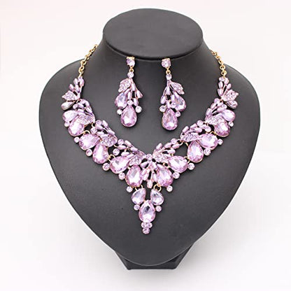 Jewelry Set for Women, Statement Necklace Dangle Earrings Bracelet Ring, White/KC Gold Plated Jewelry Set with Rhinestone Pearl Crystal Wedding Party Jewelry for Bridal Bridesmaid - color: Purple-Gold Plated