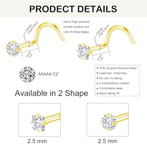 20G Nose Rings Studs for Women Corkscrew Sliver Nose Studs Hypoallergenic Nose Rings 316L Stainless Steel Nose Nostril Percing Jewely for Women Men Round Square CZ Imitation Diamond 1.5mm/2.0mm/2.5mm/3.0mm - style: 20G-corkscrew-gold-2.5mm