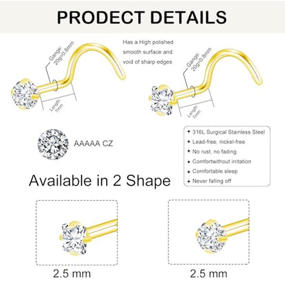 20G Nose Rings Studs for Women Corkscrew Sliver Nose Studs Hypoallergenic Nose Rings 316L Stainless Steel Nose Nostril Percing Jewely for Women Men Round Square CZ Imitation Diamond 1.5mm/2.0mm/2.5mm/3.0mm - style: 20G-corkscrew-gold-2.5mm
