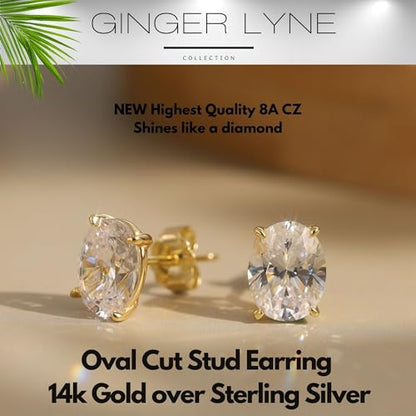 Ginger Lyne 5Ct Oval Cubic Zirconia Stud Earrings 10mm for Women | Sterling Silver Earrings 10mm Oval Cubic Zirconia Stone 14K Gold Plated and White Gold Plated Options, Push Back Stud Setting - color: Gold
