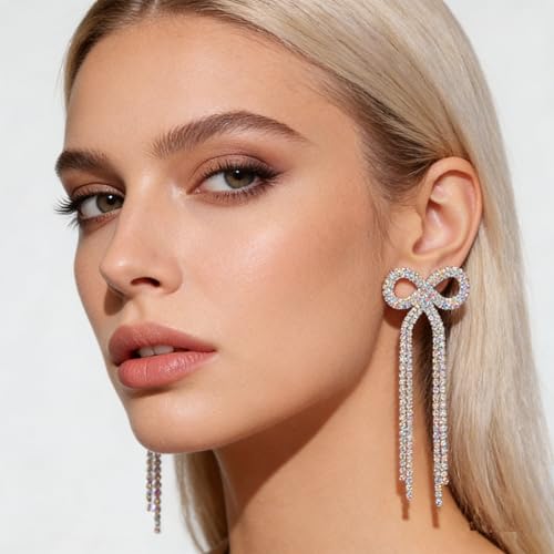 Rhinestone Earrings Dangling for Women Sparkly Silver Dangle Earrings Girls Long Chandelier Earrings Tassel Lightweight Ear Studs Cubic Zirconia (KE001S-W) - color: Bow 516286S-WAB Silver Crystal AB