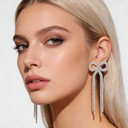 Rhinestone Earrings Dangling for Women Sparkly Silver Dangle Earrings Girls Long Chandelier Earrings Tassel Lightweight Ear Studs Cubic Zirconia (KE001S-W) - color: Bow 516286S-WAB Silver Crystal AB
