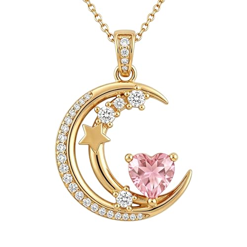 Midari 18K Gold Moon Star Necklace Moon Star Pendant Necklace with 12 Months Birthstones Moons Jewelry Gifts for Women Mom Her - color: 10-October