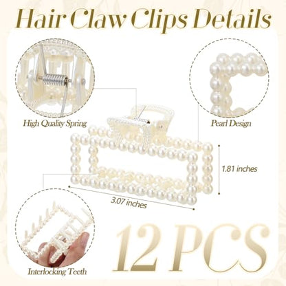 Canlierr 12 Pcs Pearl Hair Claw Clips Bulk for Women White Pearl Claw Barrettes for Thin Curly Thick Long Cute Non-slip Strong Hold Hair Styling Accessories for Bridesmaid Women Wedding (Rectangle) - style: Rectangle