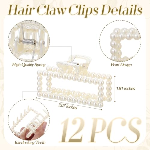Canlierr 12 Pcs Pearl Hair Claw Clips Bulk for Women White Pearl Claw Barrettes for Thin Curly Thick Long Cute Non-slip Strong Hold Hair Styling Accessories for Bridesmaid Women Wedding (Rectangle)