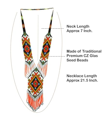 Long Beaded Necklace – Boho Native Handmade Seed Bead Tassel Necklace, Bohemian Large Statement Beaded Necklace for Women - color: Black Orange