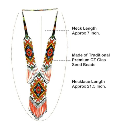 Long Beaded Necklace – Boho Native Handmade Seed Bead Tassel Necklace, Bohemian Large Statement Beaded Necklace for Women - color: Black Orange