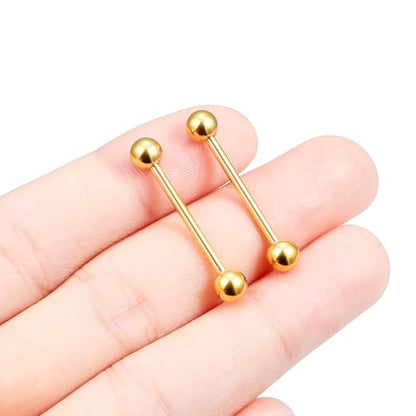 16G 14G Surgical Steel Tongue Rings Nipple Rings Industrial Piercing Jewelry Set Multi Size Straight Barbells 12mm 14mm 16mm 19mm 22mm 28mm 32mm 35mm 38mm 40mm 45mm for Women Men - color: goldtone, size: 14g,bar length 19mm