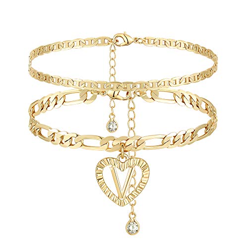 YANODA Initial Ankle Bracelets for Women 14K Gold Plated Layered Figaro Chain Letter Initial Anklets Handmade Layered Heart Ankle Bracelets Personalized Jewelry for Women - color: V