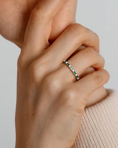 925 Sterling Silver 1.5mm Thin Baguette Stackable Rings for Women | Created Ruby/Sapphire/Emerald/Cubic Zirconia,Dainty Wedding Band Birthday Anniversary Jewelry(with Gift Box) - color: 03-Created Emerald & CZ