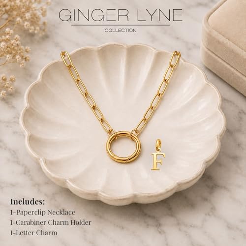 Paperclip Chain Carabiner Initial Charm Holder Necklace by Ginger Lyne | 18K Gold-Plated or Silver Tone Paperclip Chain with Carabiner Charm Holder, Adjustable 18-20 Inch, A-Z Initial Pendant - color: Gold-F