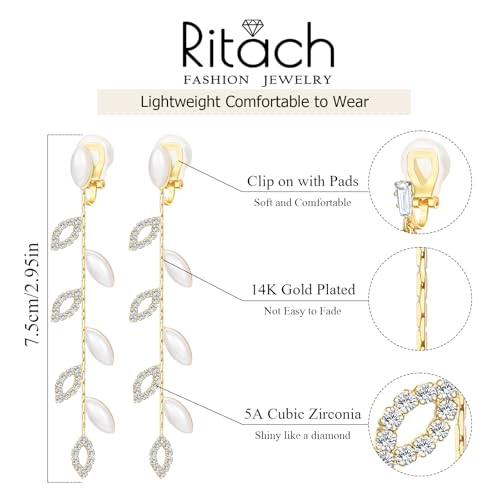 Gold/Silver Clip on Earrings Non Pierced for Women - 14K Gold Plated Long Tasse Drop Dangle Clip Earrings - Cubic Zirconia Leaf Earrings for Women Gold Wedding Jewelry Gifts - color: Gold-pearl