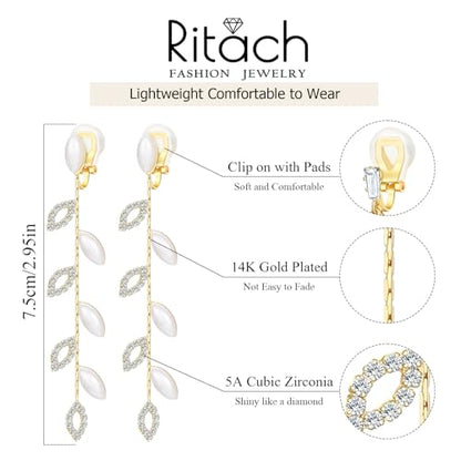 Gold/Silver Clip on Earrings Non Pierced for Women - 14K Gold Plated Long Tasse Drop Dangle Clip Earrings - Cubic Zirconia Leaf Earrings for Women Gold Wedding Jewelry Gifts - color: Gold-pearl