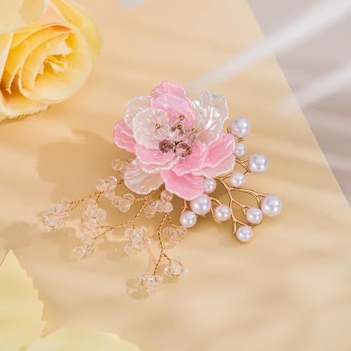 SELOVO Flower Crystal Brooch Bridal Simulated Pearl Brooch Pin Elegant Floral Broach for Prom - color: Pink