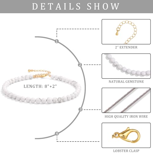 Natural Stone Beaded Anklets for Women, Handmade Boho Clear Quartz 4mm Crystal Beads Anklet, Gold Chain Adjustable Ankles Bracelet, Beach Summer Jewelry Gemstone Foot Bracelet Gift - color: Howlite