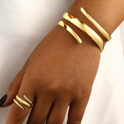 Chunky Gold Bangle Bracelet Ring Set for Women Chunky Wide Cuff Bracelets Trendy Geometric Open Statement Bracelet Ring Set Dainty Minimalist Jewelry - color: Gold