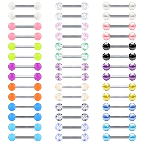 VCMART 12mm-18mm 14G Tongue Rings Nipple Straight Barbells Surgical Steel Body Piercing Jewelry - style: Style F -42pcs