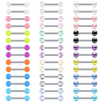 VCMART 12mm-18mm 14G Tongue Rings Nipple Straight Barbells Surgical Steel Body Piercing Jewelry - style: Style F -42pcs