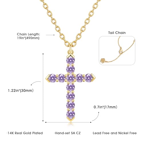Cross Necklace for Women, Silver Cross Pendant Necklaces | 14K Gold Plated, Dainty CZ Cross Necklace, Non Tarnish and Hypoallergenic Jewelry for Women, Christian Religious Faith Gifts - color: 04-Gold-Purple