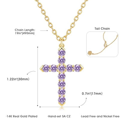 Cross Necklace for Women, Silver Cross Pendant Necklaces | 14K Gold Plated, Dainty CZ Cross Necklace, Non Tarnish and Hypoallergenic Jewelry for Women, Christian Religious Faith Gifts - color: 04-Gold-Purple