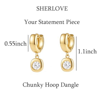 SHERLOVE Chunky Statement Gold Dangle Earrings Women Bezel Cubic Zirconia | 14K Gold Plated Huggie Hoop Drop,Dainty Trendy Elegant Fancy Formal,Hypoallergenic Lightweight Non tarnish,Statement Jewelry - color: Chunky Dangle Round Gold