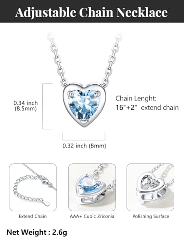 Silvora Heart/Round Birthstone Necklace for Women, Sparkling Crystal Pendant, Dainty Birth Month Jewelry, Adjustable 16"+2" Chain - color: Silver, style: March Heart