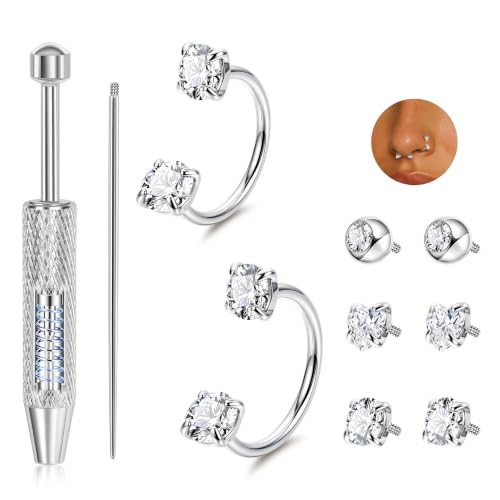 20G 18G Horseshoe Nose Ring Surgical Steel Double Gem Horseshoe Nose Ring Hoops for Women Internal Threaded Nose Piercings Septum Rings Cartilage Helix Daith Lip Piercing with Tool 7-8mm - color: Silver-A, size: 18G