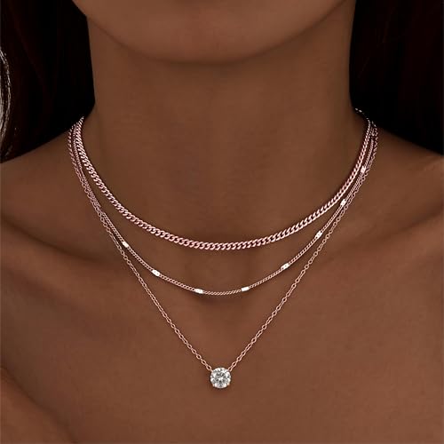 WomenGifts Layered Gold Necklaces for Women, 14K Gold Sterling Silver Plated Dainty Pendant Necklace Set Non Tarnish, Chunky Stackable Cuban Chain Choker, Trendy Birthstone Vacation Jewelry Gift - color: Rose Gold, style: Cubic Zirconia