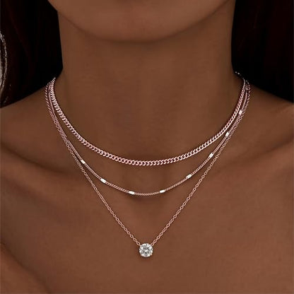WomenGifts Layered Gold Necklaces for Women, 14K Gold Sterling Silver Plated Dainty Pendant Necklace Set Non Tarnish, Chunky Stackable Cuban Chain Choker, Trendy Birthstone Vacation Jewelry Gift - color: Rose Gold, style: Cubic Zirconia