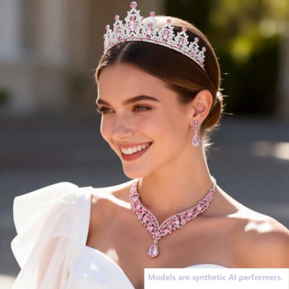 Kamirola Bridal Wedding Tiara Crown Jewelry Set for Women/Brides/Bridesmaids Crystal Jewelry Set for Wedding Prom Party Bridal Crystal Necklace Earrings Bracelet Set(TR60) - color: Silver Pink