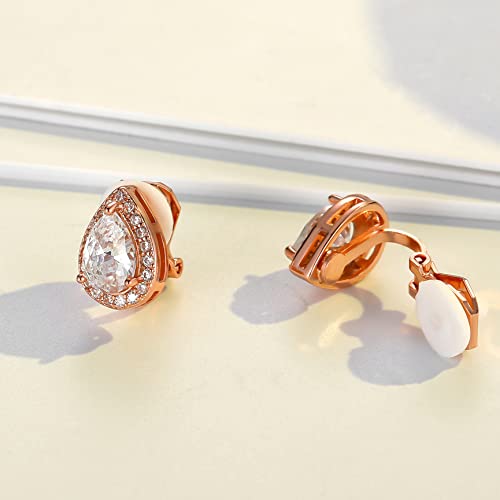SELOVO Clip On earrings for Women Teardrop Cubic Zirconia Clip Earrings Stud - color: Clear-Rose gold tone