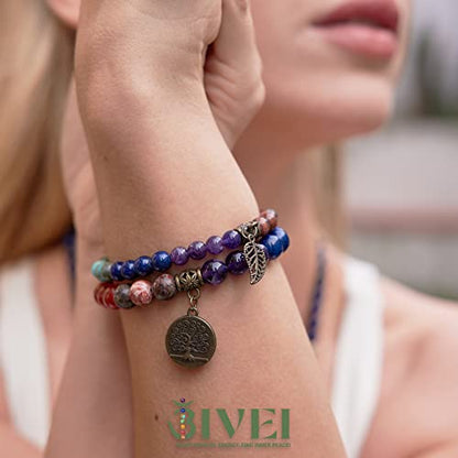 Bivei Natural Semi Precious Gemstone beads bracelet for women - Life Tree and Leaf Charm Energy Reiki Crystal Stretch Bracelets - color: # 7 chakras bracelet set- Bronze, size: Medium:6.8-7.24inch