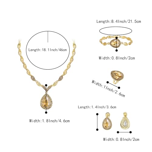 Womens Africa 18k Gold Plated Jewelry Set Crystal Rhinestones Petals Teardrop Cluster Bib Statement Necklace Link Bracelet Dangle Earrings Ring for Prom - color: 07-Champagne Gold-Plated-Base