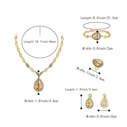 Womens Africa 18k Gold Plated Jewelry Set Crystal Rhinestones Petals Teardrop Cluster Bib Statement Necklace Link Bracelet Dangle Earrings Ring for Prom - color: 07-Champagne Gold-Plated-Base