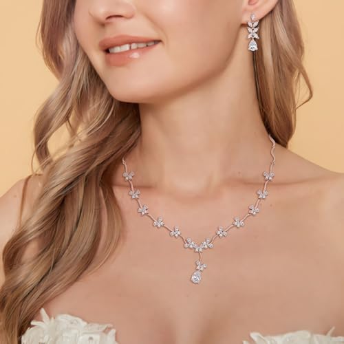 Crysdue Women's Wedding Bridal Jewelry Set for Brides Bridesmaids Cubic Zirconia Flower Leaf Vine Necklace Dangle Earrings for Prom Party - style: 17-rose gold