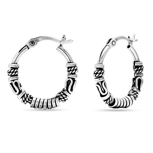 LeCalla 925 Sterling Silver Oxidized Balinese Hoops Earring Jewelry Small Antique Bali Beaded Hoop Earrings for Women - color: Balinese Spiral Design