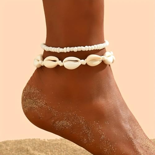 Qceasiy Starfish Ankle Bracelets for Women, Boho Beaded Beach Anklets Set | Gold-plated layered anklets in seashell, disc, and conch styles, with stretch or adjustable fits for summer beach outfits. - color: White 4