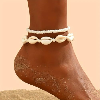 Qceasiy Starfish Ankle Bracelets for Women, Boho Beaded Beach Anklets Set | Gold-plated layered anklets in seashell, disc, and conch styles, with stretch or adjustable fits for summer beach outfits. - color: White 4