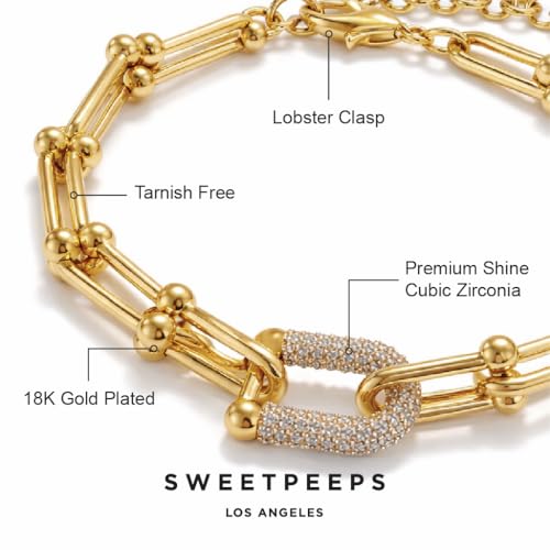 SWEET PEEPS 18K Gold Plated Paperclip Link Bracelet for Women, Pavé CZ Statement Bracelet