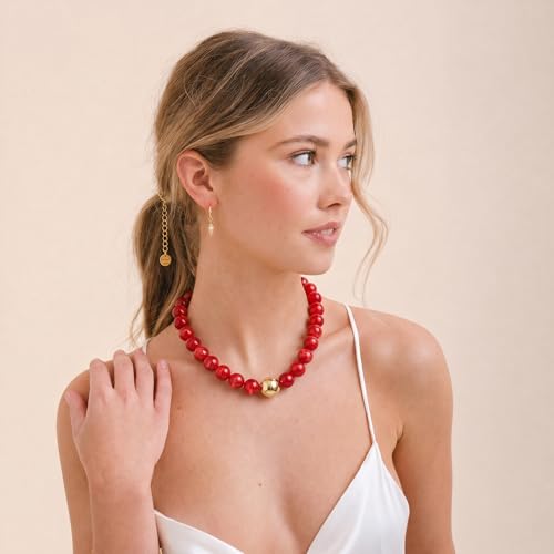 Multicolor Chunky Beaded Necklace, Statement Colorful Round Ball Beads Choker Necklace with Gold-Tone Adjustable Chain, Fashion Bold Neck Jewelry for Women - color: 16mm-Red