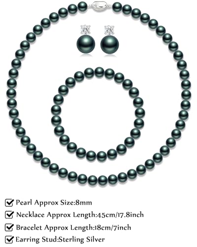 Pearl Necklaces for Women,8mm Pearl Necklace and Earring Bracelet Jewelry Set for Women Men Wedding Birthday Valentine Christmas Day Gifts - color: Green