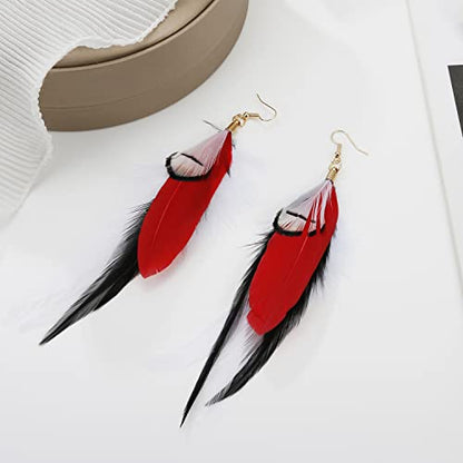 Long Bohemian Pheasant Feathers Statement Earrings Handmade Natural Lightweight Feather Dangle Earrings for Women (ea000067) - color: Red&Black